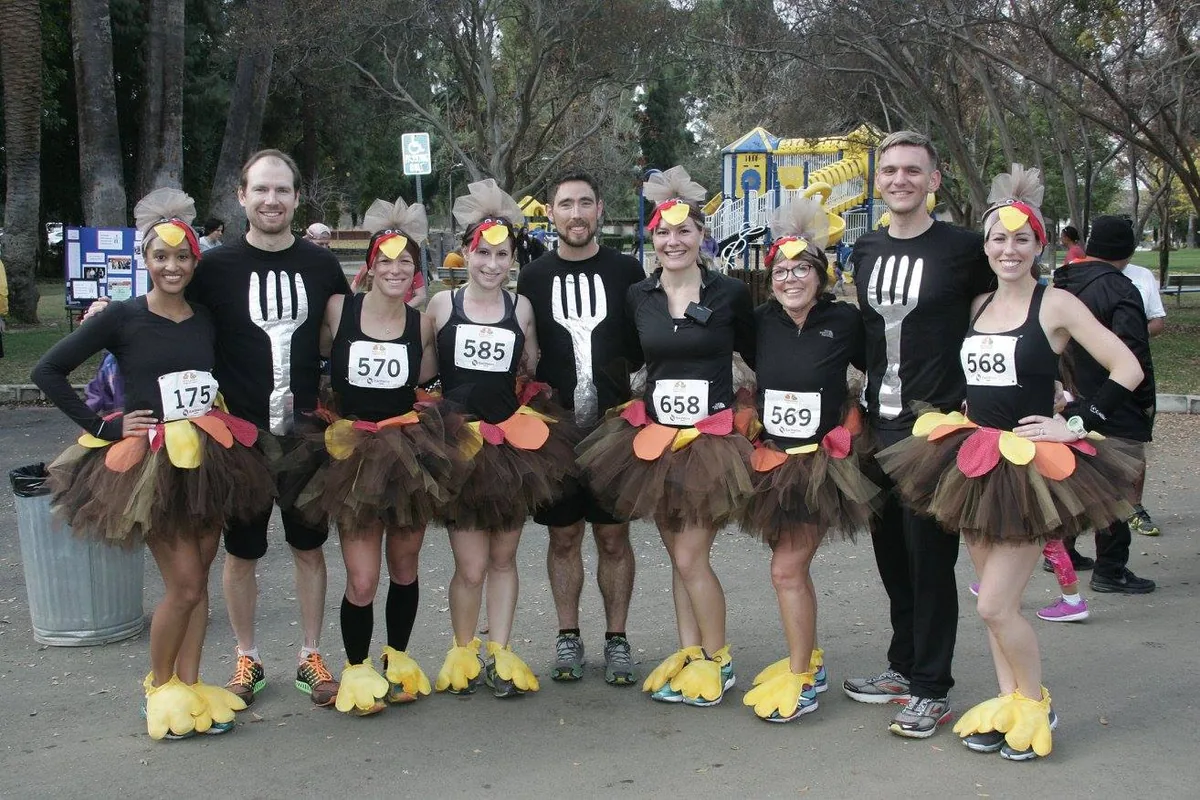 Runners in turkey costumes at the Redlands Turkey Trot
